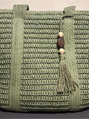 Olive Green Woven Tote with Tassel Accent